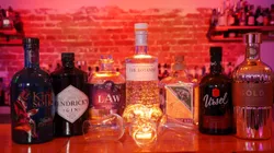 Mehrere Gin-Flaschen stehen aufgereiht auf einer Bar