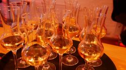 Whisky-Gläser stehen aufgereiht auf einer Bar