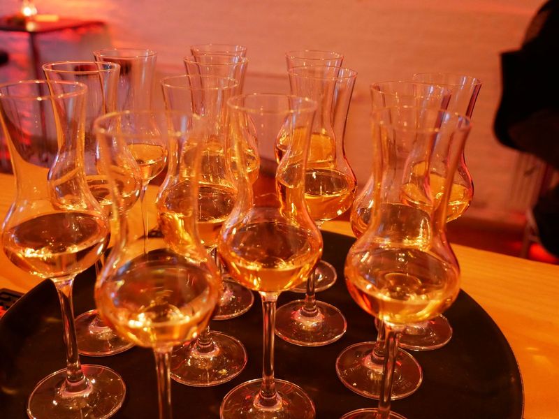 Whisky-Gläser stehen aufgereiht auf einer Bar